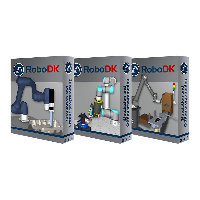 Three RoboDK Software Packages on a white background